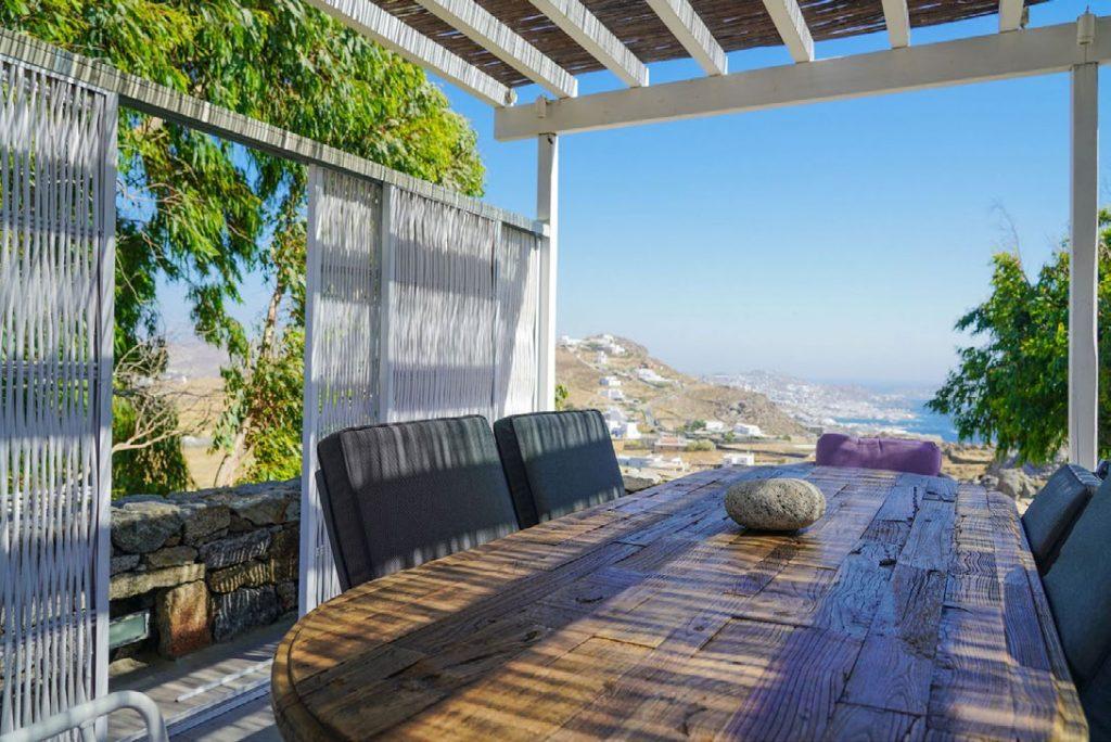 Villa Umabel, Agios Stefanos, Mykonos,Chairs, Table, Balcony, Sea, Sky, Plants