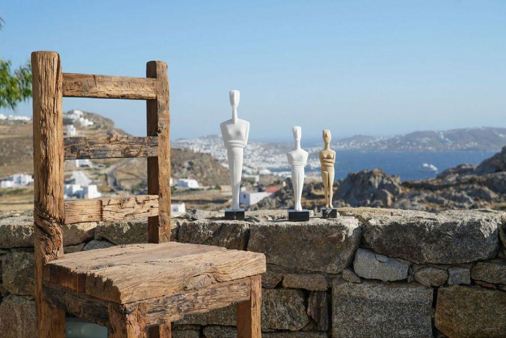 Villa Umabel, Agios Stefanos, Mykonos, Stone wall, Sky, Sea, Sculpture, Chairs