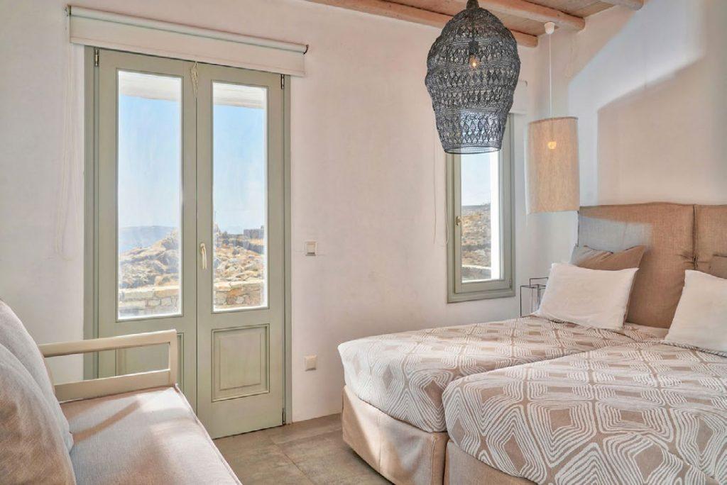Villa Umabel, Agios Stefanos, Mykonos, Beds, Pillows, Lamps, Doors, Windows, Sofa, Sky, Outside view
