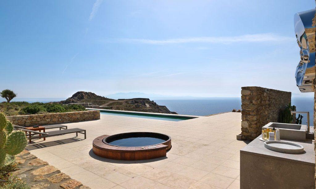 Villa Raisa Super Paradise Mykonos ,outdoor, pool, jacuzzi, washstand, sea, sky, climbers, island