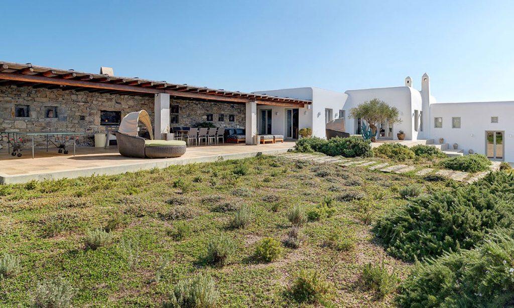 Villa Raisa Super Paradise Mykonos, outdoor, plants, sun bed, sky, stone wall, ping pong table