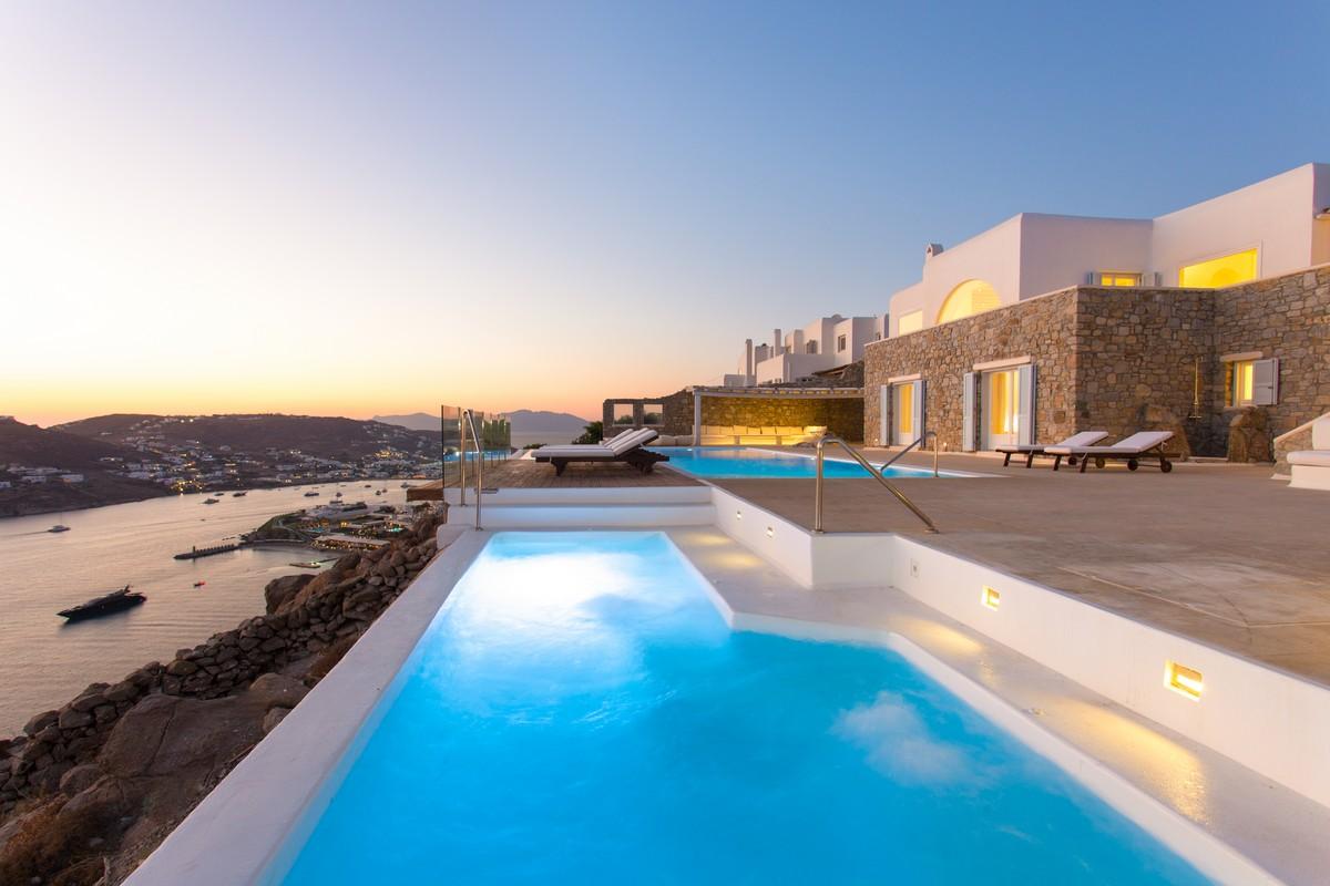 View of the pool and a villa in Mykonos