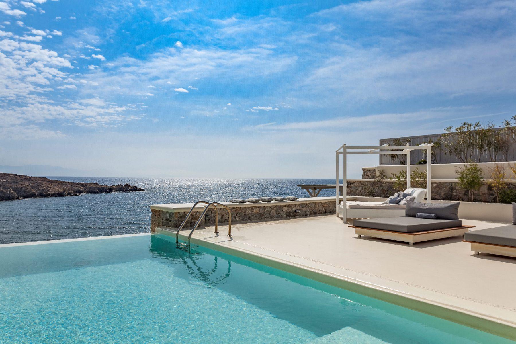 The bright sky over a private Mykonos villa