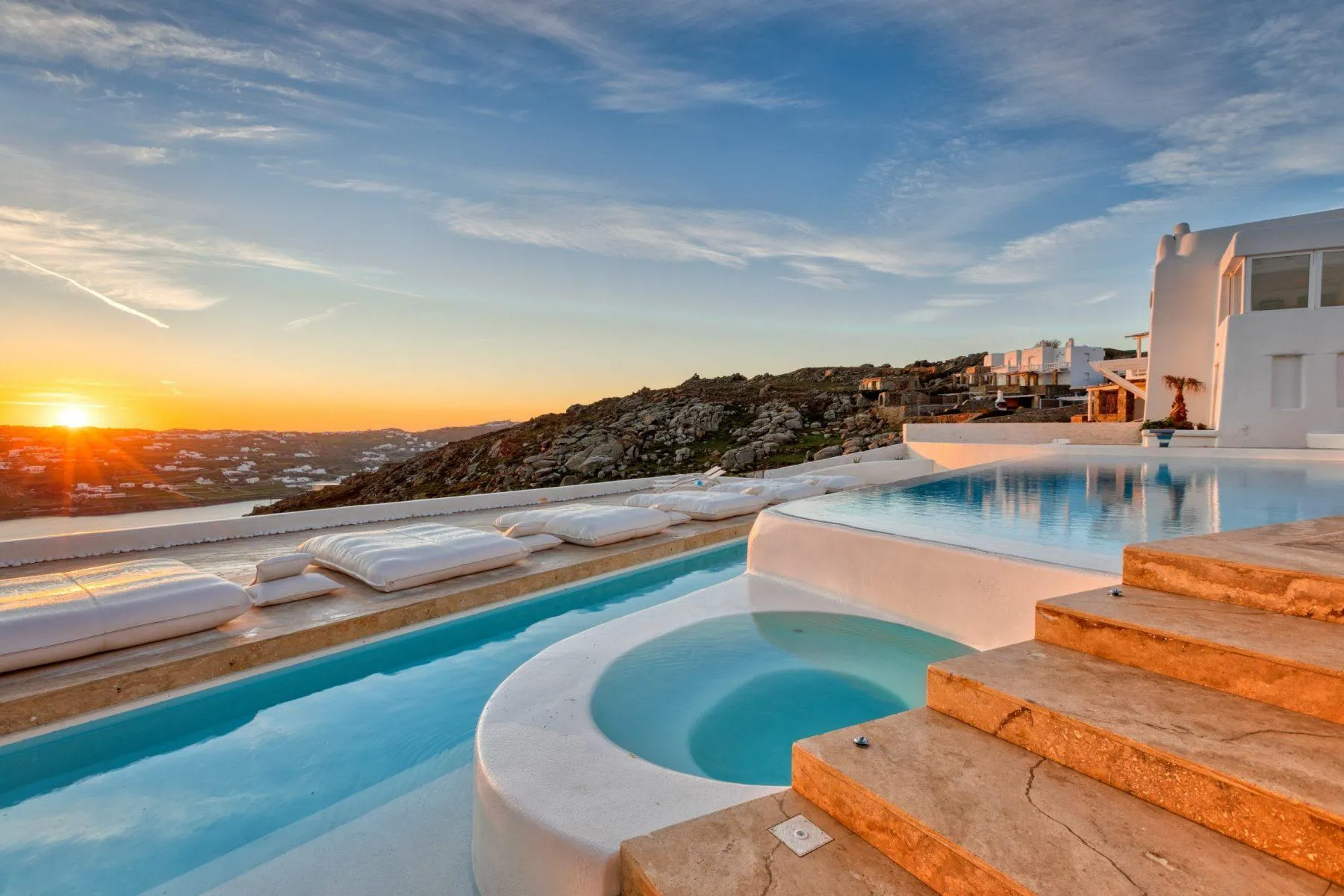 View from a luxury Mykonos villa rental during the sunset